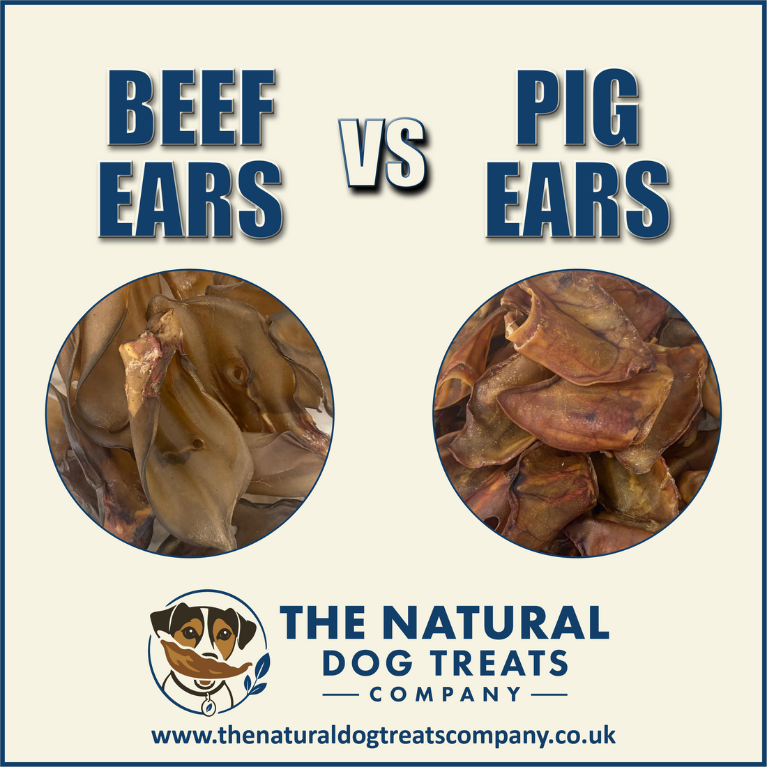 Beef ears and pig ears natural dog treats compared side by side